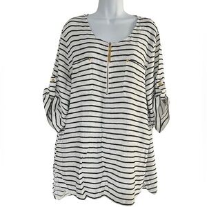 Ellen Tracy Black & White Striped Linen-Blend Half-Zip Tunic – Size S